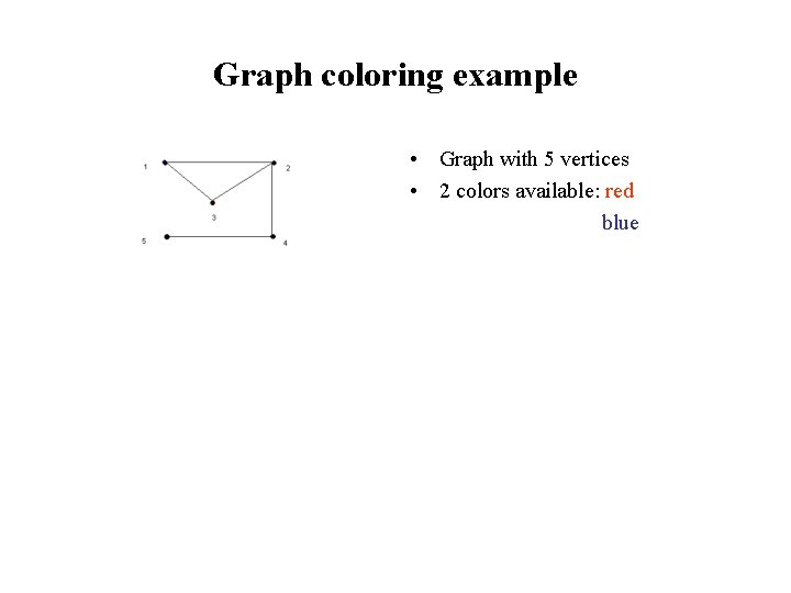 Graph coloring example • Graph with 5 vertices • 2 colors available: red blue