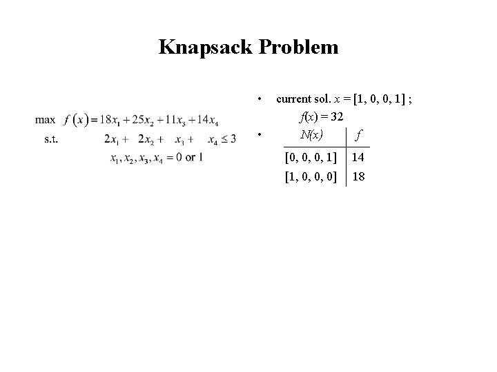Knapsack Problem • • current sol. x = [1, 0, 0, 1] ; f(x)