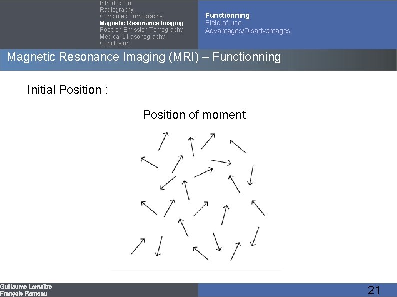 Introduction Radiography Computed Tomography Magnetic Resonance Imaging Positron Emission Tomography Medical ultrasonography Conclusion Functionning