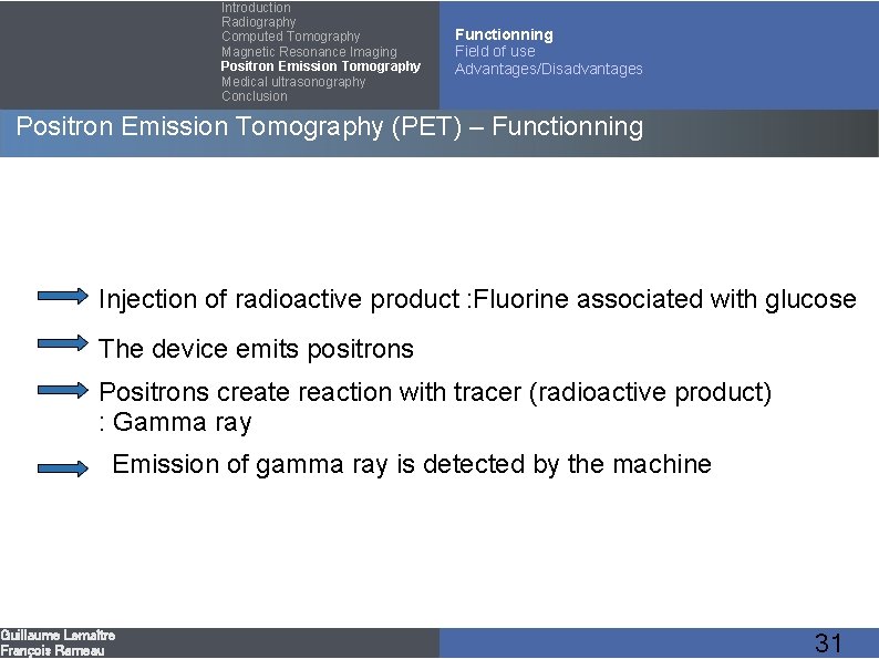 Introduction Radiography Computed Tomography Magnetic Resonance Imaging Positron Emission Tomography Medical ultrasonography Conclusion Functionning