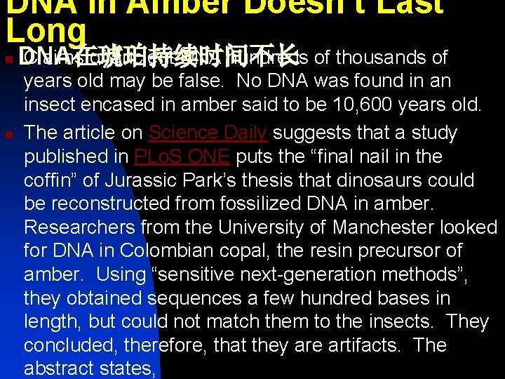 DNA in Amber Doesn’t Last Long n n Claims of ancient DNA hundreds of