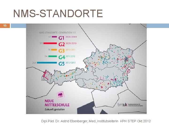 NMS-STANDORTE 15 Dipl. Päd. Dr. Astrid Ebenberger, Med, Institutsleiterin KPH STEP Okt. 2012 