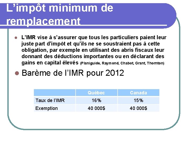 L’impôt minimum de remplacement l L’IMR vise à s’assurer que tous les particuliers paient