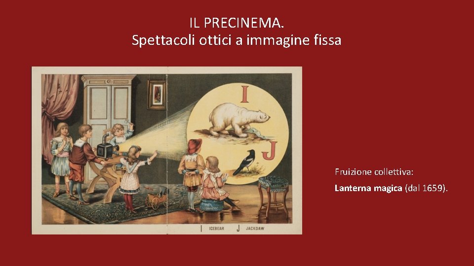 IL PRECINEMA. Spettacoli ottici a immagine fissa Fruizione collettiva: Lanterna magica (dal 1659). 
