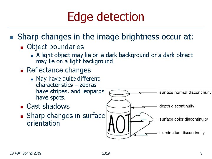 Edge detection n Sharp changes in the image brightness occur at: n Object boundaries
