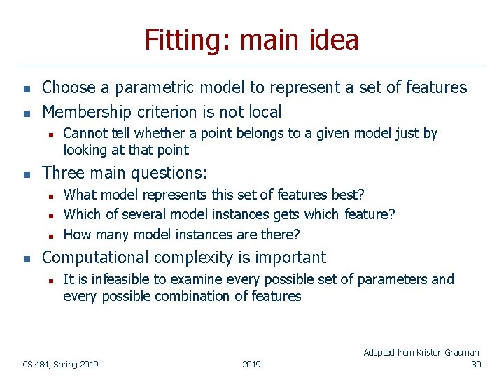 Fitting: main idea n n Choose a parametric model to represent a set of