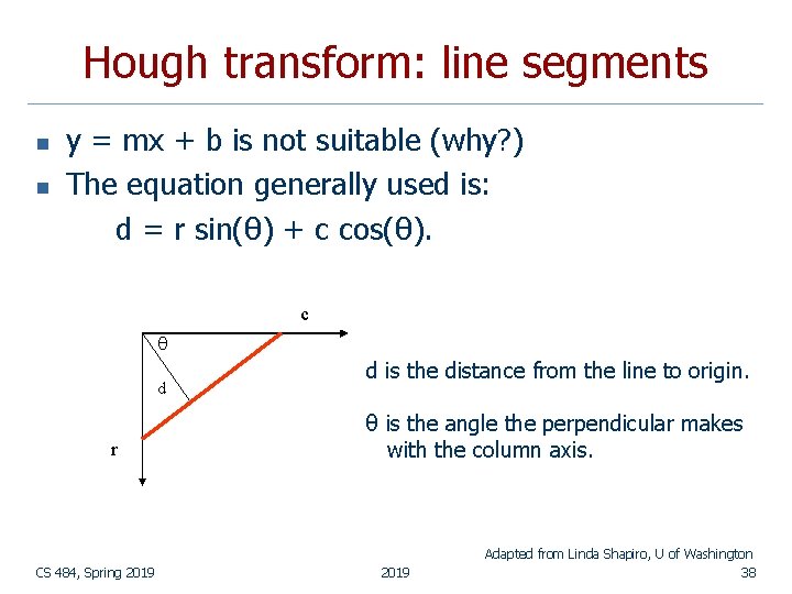 Hough transform: line segments n n y = mx + b is not suitable