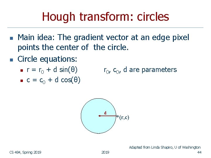 Hough transform: circles n n Main idea: The gradient vector at an edge pixel