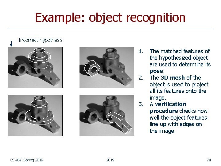 Example: object recognition Incorrect hypothesis 1. 2. 3. CS 484, Spring 2019 The matched