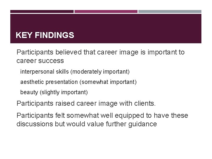 KEY FINDINGS Participants believed that career image is important to career success interpersonal skills KEY FINDINGS Participants believed that career image is important to career success interpersonal skills