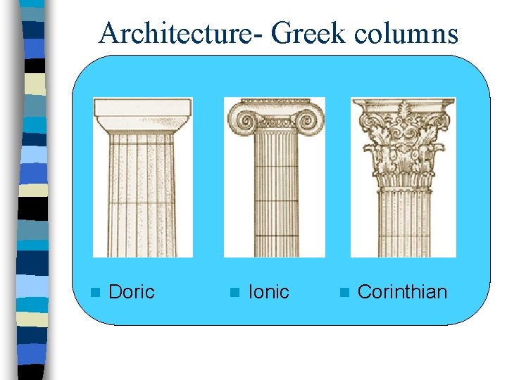 Architecture- Greek columns n Doric n Ionic n Corinthian 