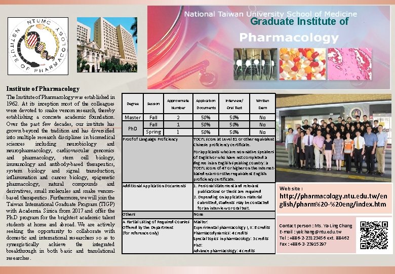 Graduate Institute of Pharmacology The Institute of Pharmacology was established in 1962. At its