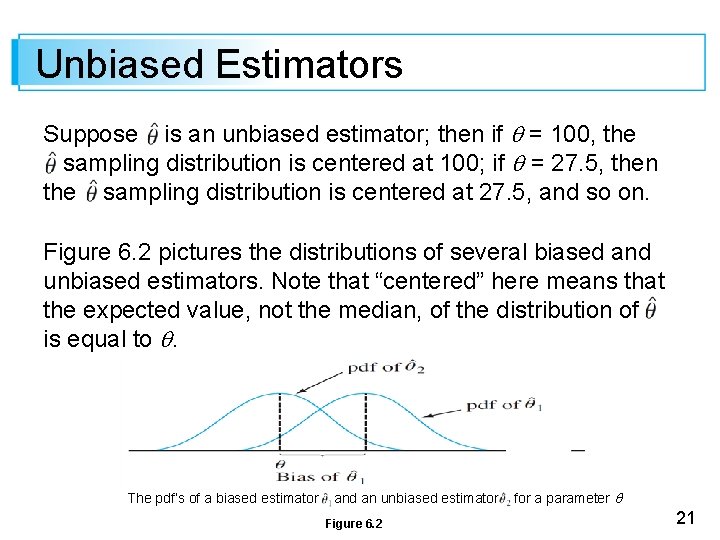 Unbiased Estimators Suppose is an unbiased estimator; then if = 100, the sampling distribution