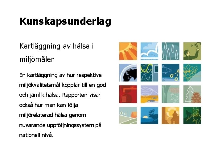 Kunskapsunderlag Kartläggning av hälsa i miljömålen En kartläggning av hur respektive miljökvalitetsmål kopplar till