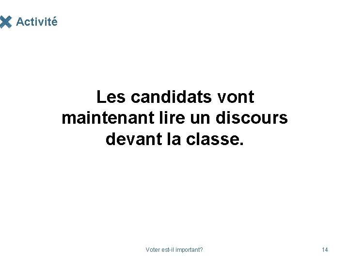 Activité Les candidats vont maintenant lire un discours devant la classe. Voter est-il important?