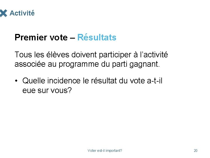 Activité Premier vote – Résultats Tous les élèves doivent participer à l’activité associée au
