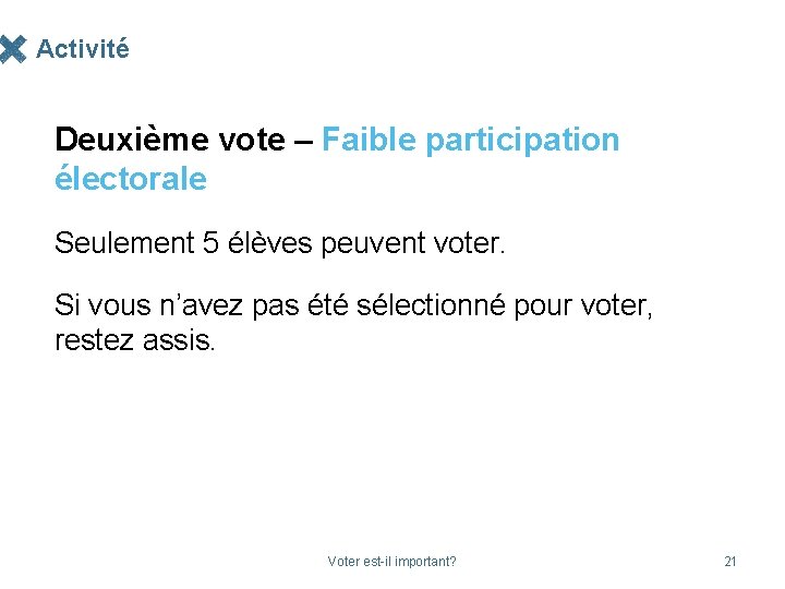 Activité Deuxième vote – Faible participation électorale Seulement 5 élèves peuvent voter. Si vous