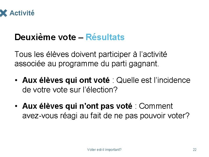 Activité Deuxième vote – Résultats Tous les élèves doivent participer à l’activité associée au