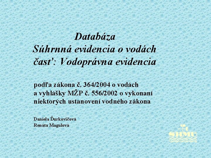 Databáza Súhrnná evidencia o vodách časť: Vodoprávna evidencia podľa zákona č. 364/2004 o vodách