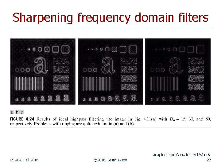 Sharpening frequency domain filters CS 484, Fall 2016 © 2016, Selim Aksoy Adapted from