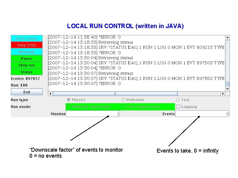 LOCAL RUN CONTROL (written in JAVA) “Downscale factor” of events to monitor 0 =