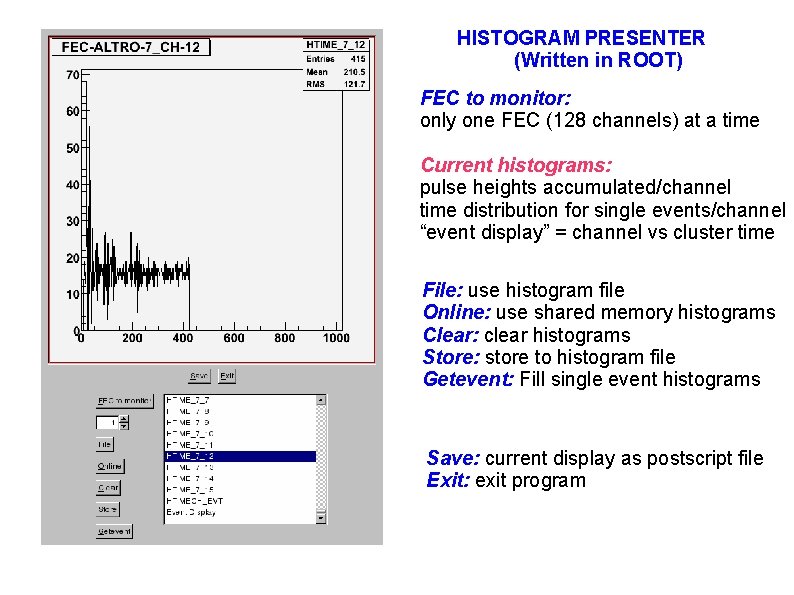 HISTOGRAM PRESENTER (Written in ROOT) FEC to monitor: only one FEC (128 channels) at