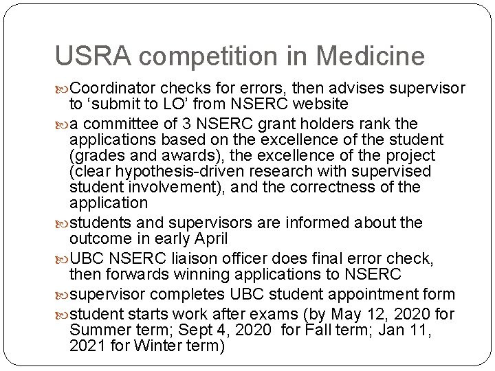 USRA competition in Medicine Coordinator checks for errors, then advises supervisor to ‘submit to