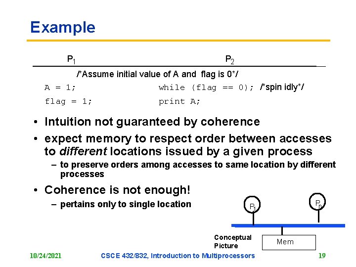 Example P 1 P 2 /*Assume initial value of A and flag is 0*/ Example P 1 P 2 /*Assume initial value of A and flag is 0*/