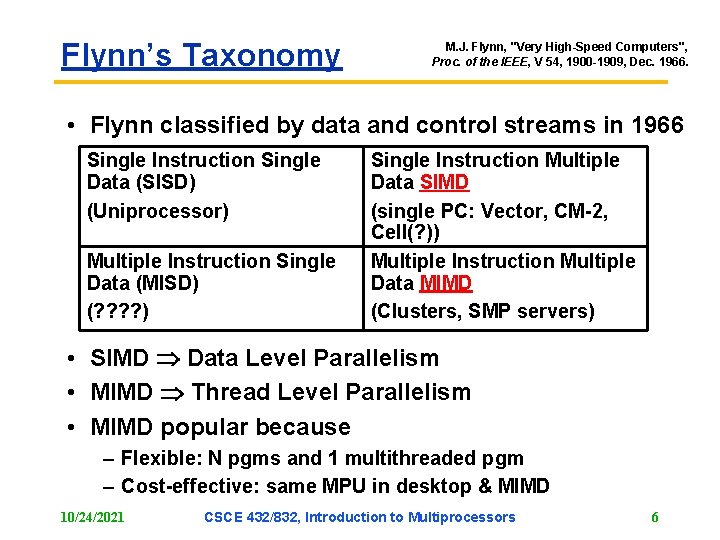 Flynn’s Taxonomy M. J. Flynn, "Very High-Speed Computers", Proc. of the IEEE, V 54, Flynn’s Taxonomy M. J. Flynn, "Very High-Speed Computers", Proc. of the IEEE, V 54,