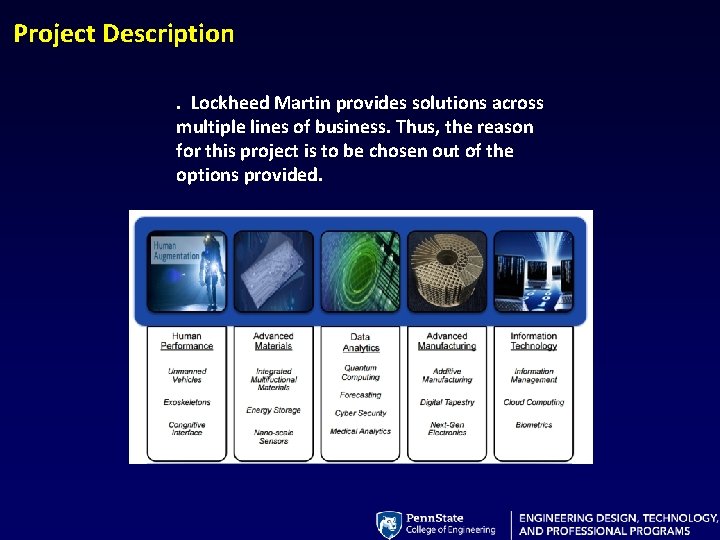 Project Description. Lockheed Martin provides solutions across multiple lines of business. Thus, the reason