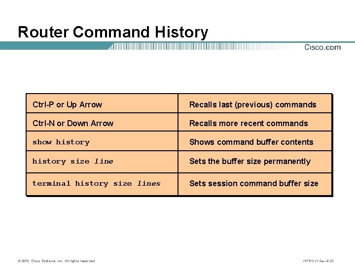 Router Command History Ctrl-P or Up Arrow Recalls last (previous) commands Ctrl-N or Down