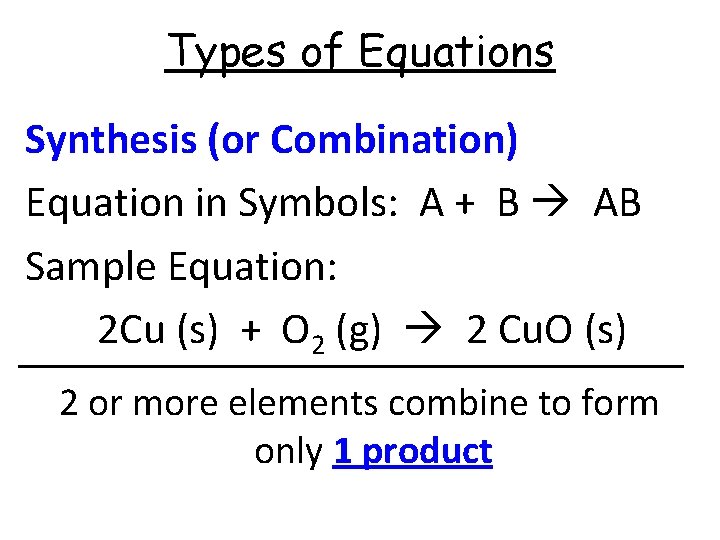 Types of Equations Synthesis (or Combination) Equation in Symbols: A + B AB Sample