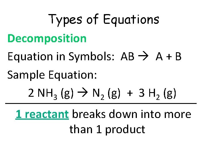 Types of Equations Decomposition Equation in Symbols: AB A + B Sample Equation: 2
