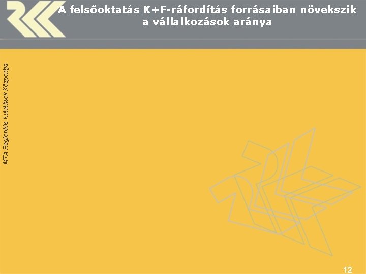 MTA Regionális Kutatások Központja A felsőoktatás K+F-ráfordítás forrásaiban növekszik a vállalkozások aránya 12 