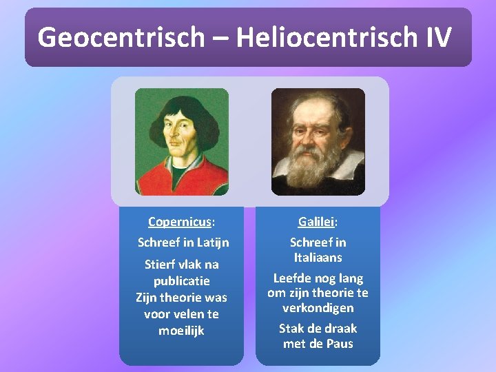 Geocentrisch – Heliocentrisch IV Copernicus: Galilei: Schreef in Latijn Schreef in Italiaans Leefde nog