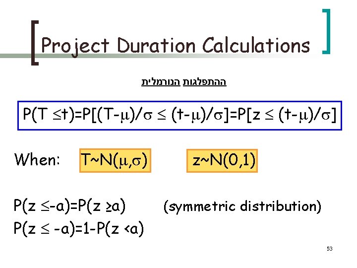 Project Duration Calculations ההתפלגות הנורמלית P(T t)=P[(T- )/ (t- )/ ]=P[z (t- )/ ]
