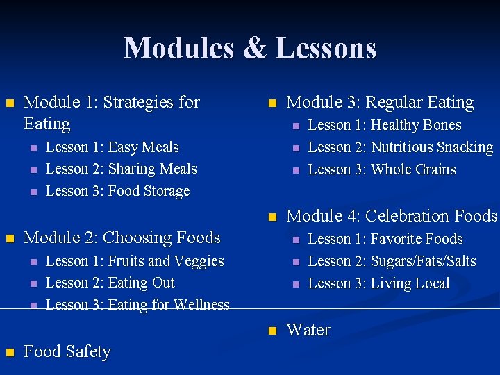 Modules & Lessons n Module 1: Strategies for Eating n n n Lesson 1: