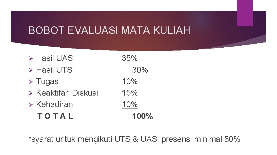 BOBOT EVALUASI MATA KULIAH Ø Ø Ø Hasil UAS Hasil UTS Tugas Keaktifan Diskusi