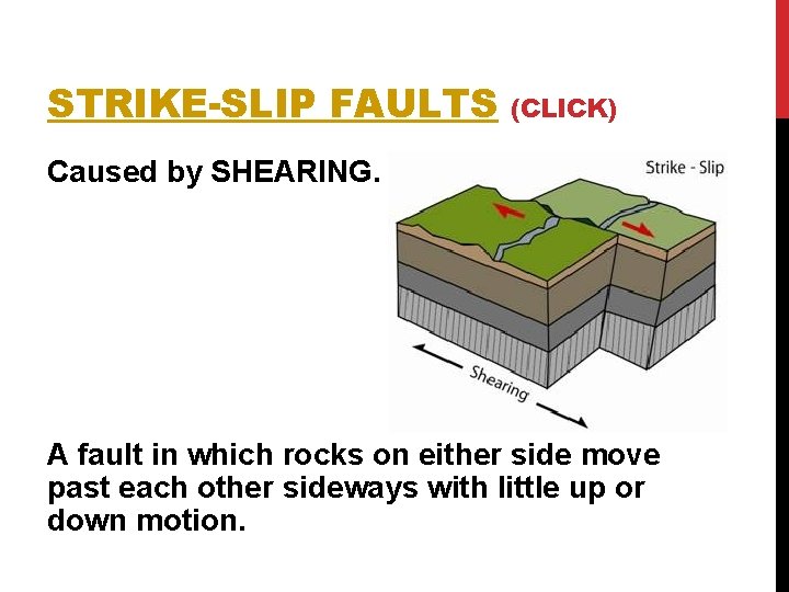 STRIKE-SLIP FAULTS (CLICK) Caused by SHEARING. A fault in which rocks on either side