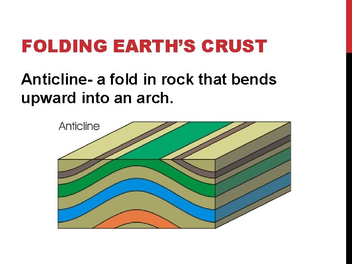FOLDING EARTH’S CRUST Anticline- a fold in rock that bends upward into an arch.