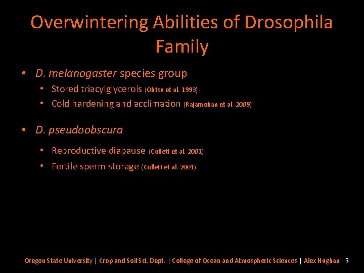 Overwintering Abilities of Drosophila Family • D. melanogaster species group • Stored triacylglycerols (Ohtsu