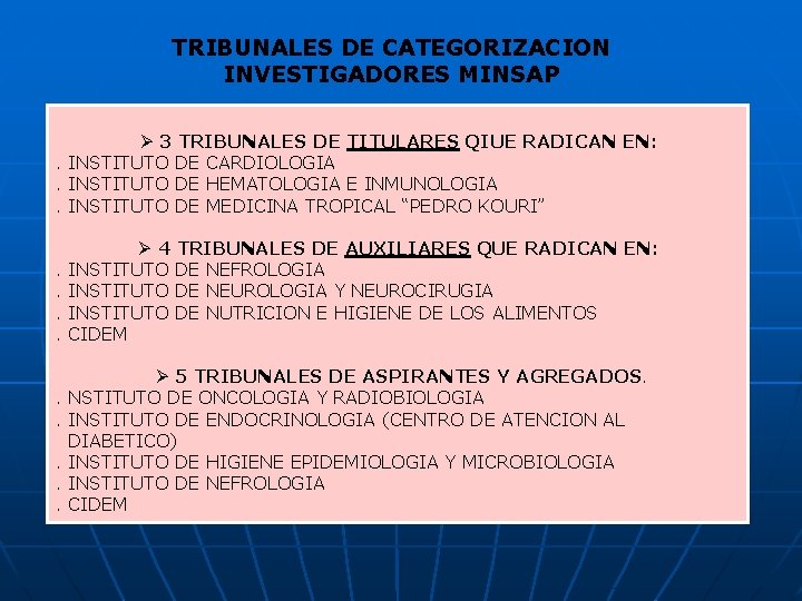 TRIBUNALES DE CATEGORIZACION INVESTIGADORES MINSAP Ø 3 TRIBUNALES DE TITULARES QIUE RADICAN EN: .