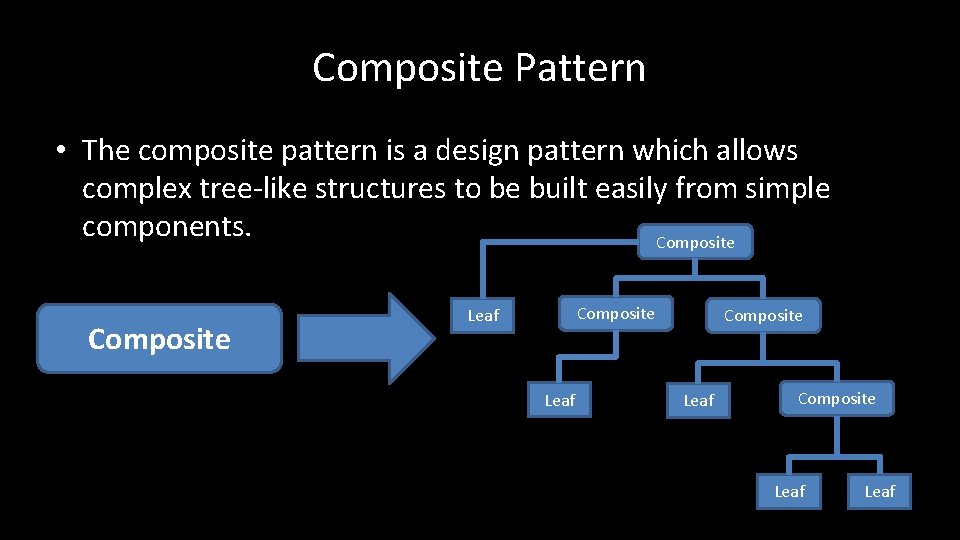 Composite Pattern • The composite pattern is a design pattern which allows complex tree-like