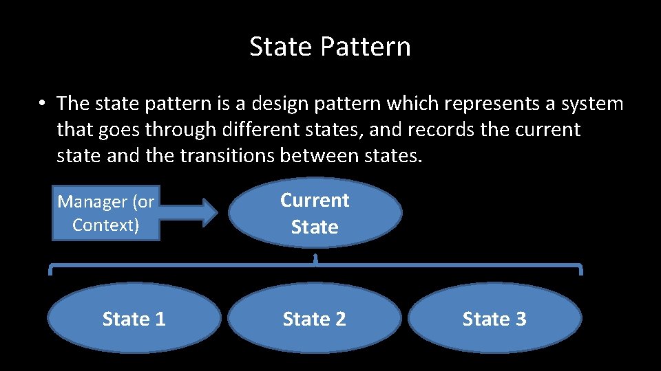 State Pattern • The state pattern is a design pattern which represents a system