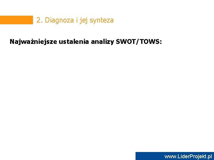 2. Diagnoza i jej synteza Najważniejsze ustalenia analizy SWOT/TOWS: www. Lider. Projekt. pl 