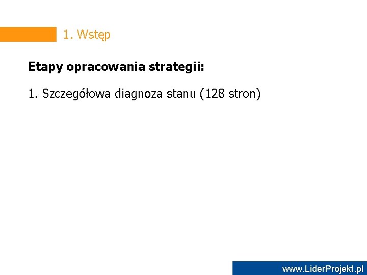 1. Wstęp Etapy opracowania strategii: 1. Szczegółowa diagnoza stanu (128 stron) www. Lider. Projekt.