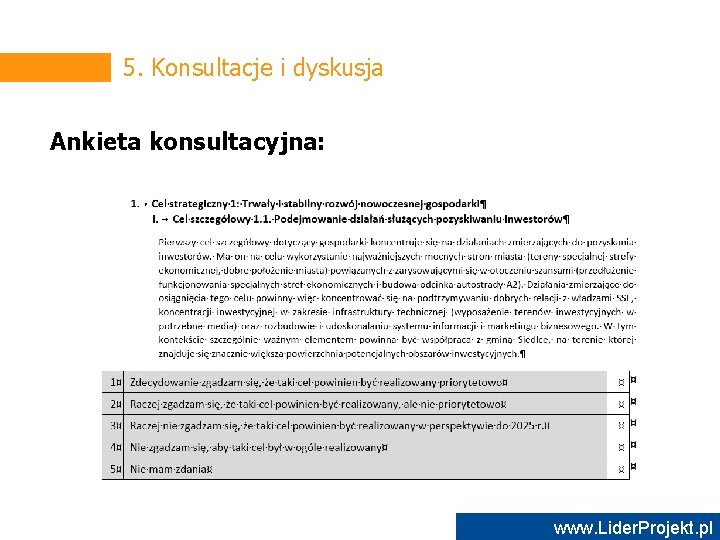 5. Konsultacje i dyskusja Ankieta konsultacyjna: www. Lider. Projekt. pl 