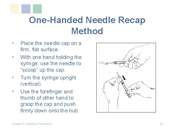 One-Handed Needle Recap Method § § Place the needle cap on a firm, flat