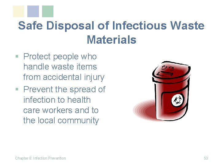Safe Disposal of Infectious Waste Materials § Protect people who handle waste items from