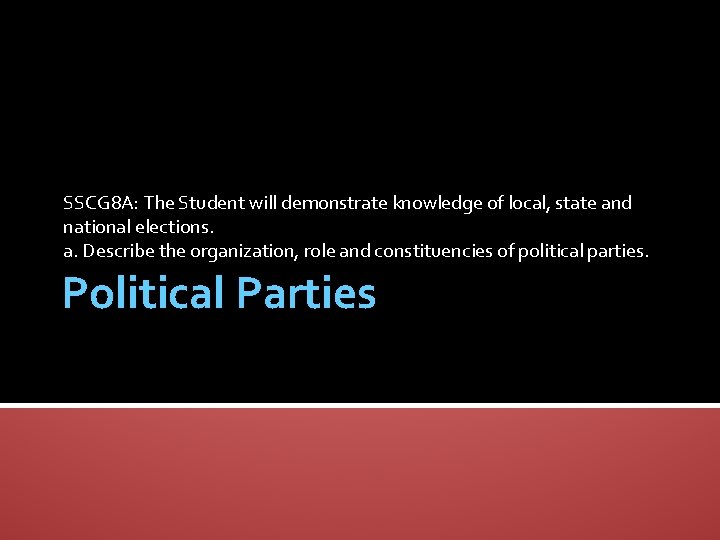SSCG 8 A: The Student will demonstrate knowledge of local, state and national elections.